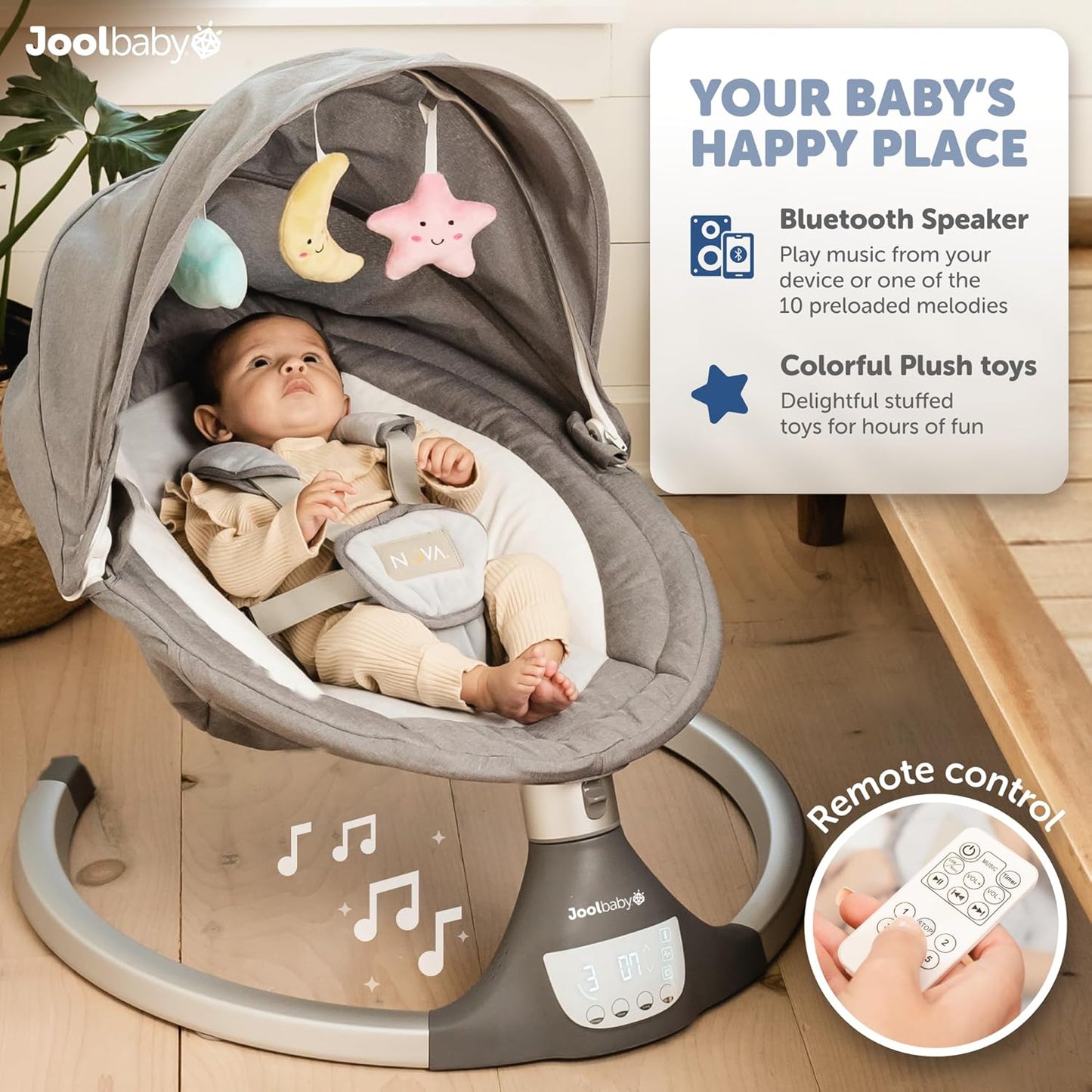 Jool Baby Nova Swing for Newborns - Electric Motorized Infant Swing, Bluetooth Music, 10 Preset Melodies, Remote (Updated Model, Gray)