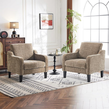 VINGLI Accent Chairs Set of 2 Living Room Chairs Light Brown Reading Chair for Bedroom Scooped Arm Chair Mid Century Modern Accent Chairs Upholstered Comfy Chair for Apartment, Waiting Room