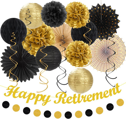 Black Gold Women-Men Happy-Retirement Party-Decorations - 21pcs Celebration Banner,Paper Streamers Lanterns Honeycomb,Tissue Flowers Pom Poms Fan, Classroom Backdrop Supplies Garland Decor Huglony