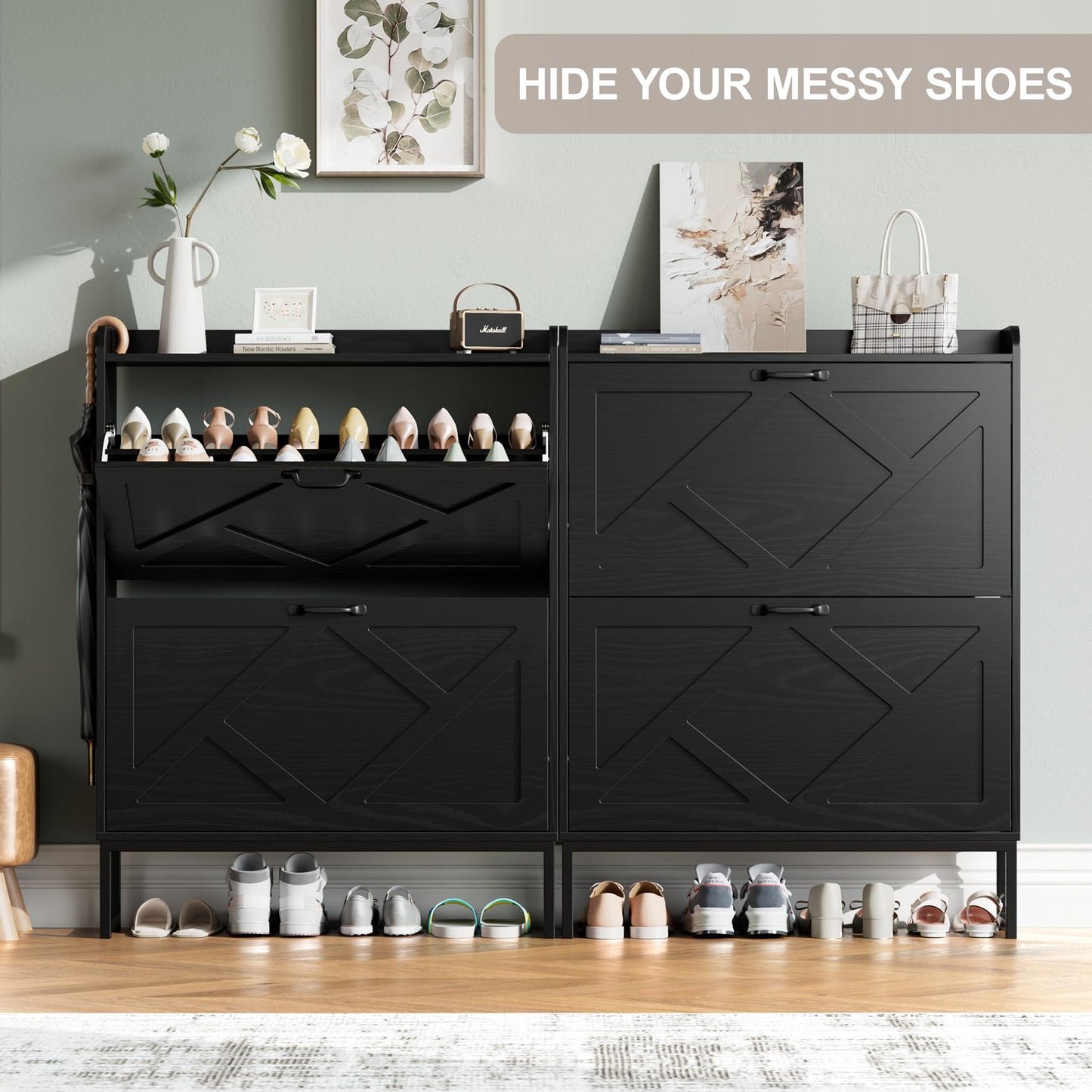 Nicetree Shoe Storage Cabinet with 2 Flip Drawers, Entryway Cabinet, Black