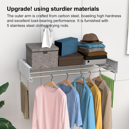 Wall Mounted Drying Rack, Foldable Laundry Rack, Collapsible Drying Rack, 5 Stainless Rods, Wall Mounted Clothing Rod with 2 Towel Bar, 90 lb Capacity, 31.5" White