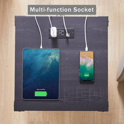 JXQTLINGMU Farmhouse End Table with Charging Station, 18'' Rustic Nightstand with Barn Door & Adjustable Shelf, Wooden Sofa Side Table with 3-Tier Storage for Living Room, Bedroom, Black