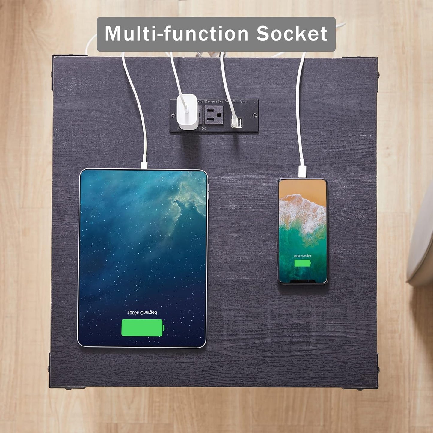 JXQTLINGMU Farmhouse End Table with Charging Station, 18'' Rustic Nightstand with Barn Door & Adjustable Shelf, Wooden Sofa Side Table with 3-Tier Storage for Living Room, Bedroom, White