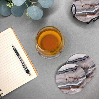 Emerson Coasters for Drinks Absorbent – Natural Stone Drink Coasters Set with Holder, Coasters for Coffee Table, Wooden Tabletop Protection Marble Style – 100% Heavy Duty, Set of 6 (Onyx)