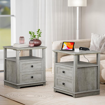 HIFYOBRO Large End Table Set of 2, 2 Drawers and Hidden Charging Station, Type-C & USB Port & Power outlets, Wooden End Table, Side Table with Storage for Living Room and Bedroom