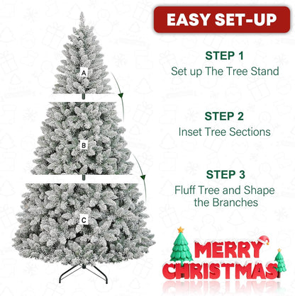 7.5ft Lighted Snow Flocked Christmas Tree with Remote Control, 450 Multi-Color RGB Lights, 1446 PVC Branch Tips, 15 Mode Artificial Hinged Christmas Tree for Home