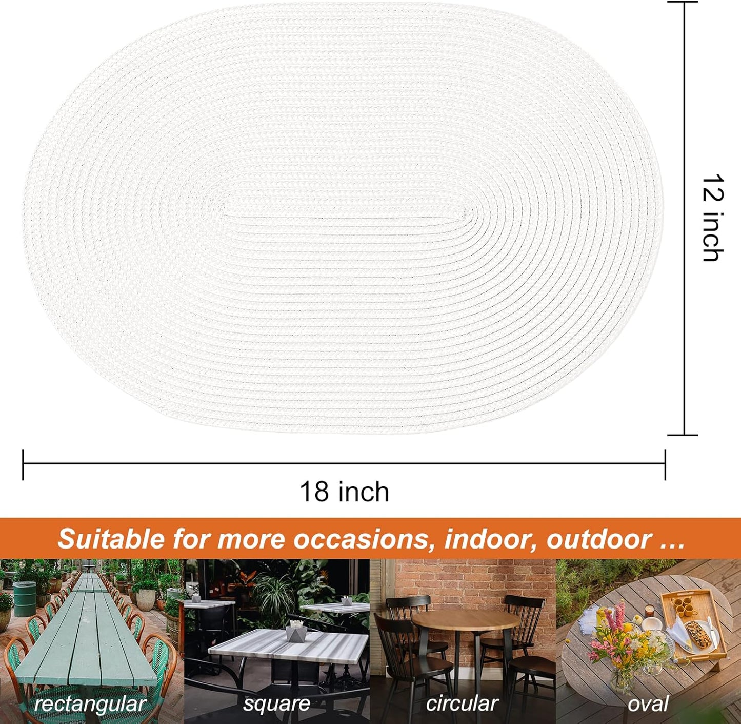 AHHFSMEI Placemats Set of 6 for Dining Table Washable Woven Vinyl Non-Slip 18x12 inches Placemat Heat-Resistant Durable Table Mats for Dining Table Easy to Clean (Oval White,6)
