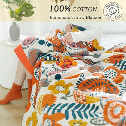 Boho Throw Blanket 60''x80'' for Bed Couch, Floral Muslin Bed Blankets Boho Quilt Travel Mexican 100% Cotton Super Soft Summer Blanket Picnic Blankets