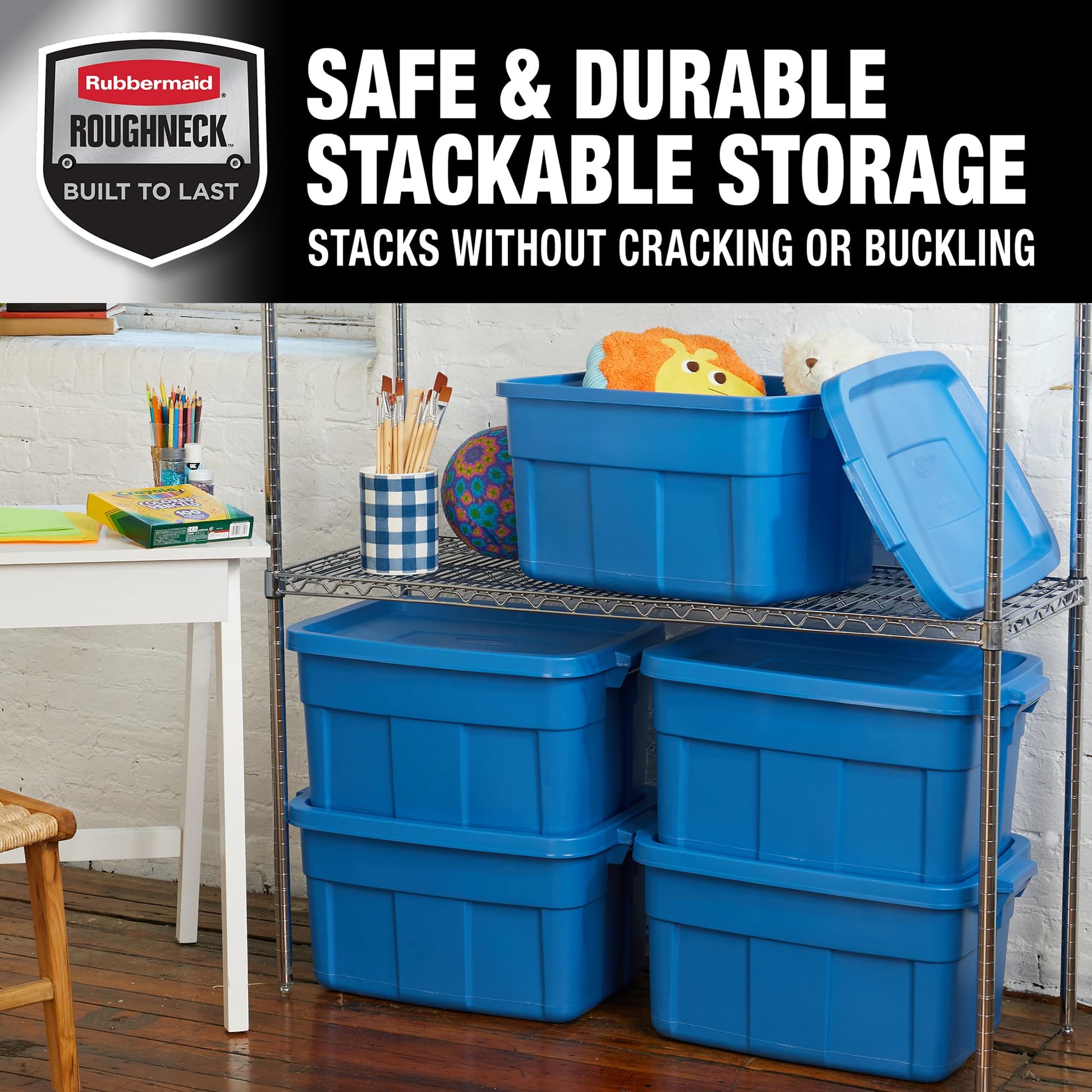 Rubbermaid Roughneck Tote 14 Gal, 6 Pack, Made in USA, Heritage Blue, Rugged Plastic Stackable