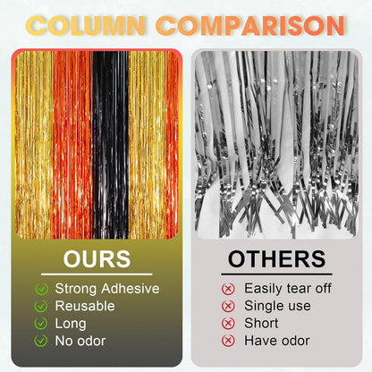 3 Pack 3.3 x 8.2 ft Black Gold Orange Foil Fringe Backdrop Curtains, Tinsel Streamers Party Decorations, Fringe Backdrop, Door Shimmer for Construction or Birthday Party