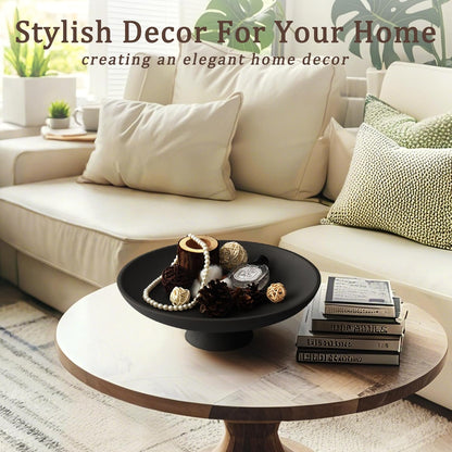 Modern Resin Pedestal Decorative Bowl, Large Fruit Bowl for Kitchen Counter, Stylish Key Bowl for Entryway Table, Matte Black