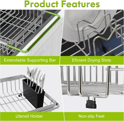 Dish Drying Rack in Sink, Expandable Stainless Steel Dish Drainer for Kitchen Sink, Dish Strainer Rack, Retractable Over Sink Dish Rack with Utensil Holder, 13.1''~16.6''D x 11.8''W, Silver