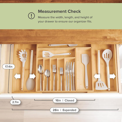 Premium Silverware, Flatware and Utensil Organizer for Kitchen Drawers, Food-Safe Contract Grade, Expandable from 16 to 28 In, Natural Bamboo