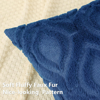 decorUhome Fall Throw Pillow Covers 16x16 Inch Set of 2, Soft Plush Decorative Faux Fur Dark Blue Solid Couch Pillow Covers, Accent Farmhouse Neutral Square Euro Pillow Cases for Sofa Bed Living Room