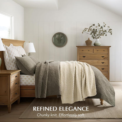 Chunky Chenille Knit Throw Blanket for Couch, Soft Luxurious Moss Stitch Blankets for Bed, Cozy Decorative Farmhouse Knitted Throws for Sofa, Beige, 50" x 60"