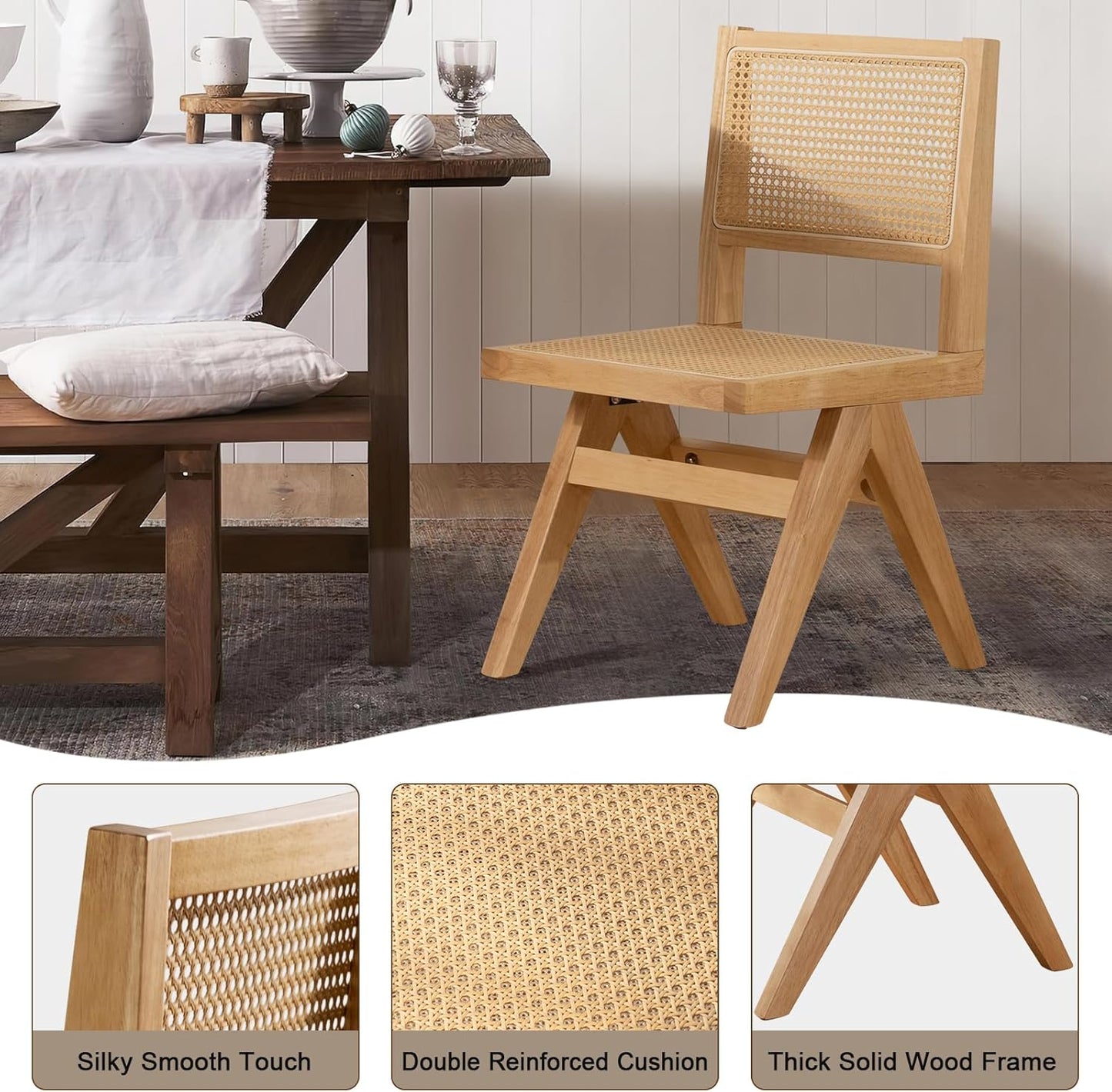 Cane Kitchen Chairs Set of 6, Armless Dining Room Chairs Solid Wood