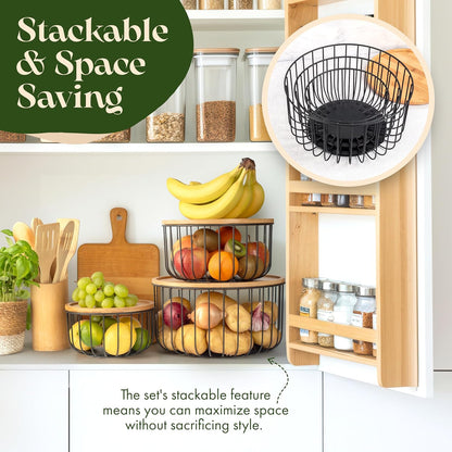 Fruit Basket for Kitchen Counter Set of 3 - Large Stackable Baskets with Bamboo Lid - Perfect Holder For Fruit and Vegetable Storage - Keep Your Countertop Classy, Tidy and Slightly Fruity!