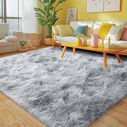 Rezutan Area Rugs 9x12 Living Room, Large Fluffy Rugs for Bedroom, Soft Carpet Shag Kids Room Rug,Fuzzy Rugs Indoor W/Non-Slip Bottom (Grey Tie-Dyed)