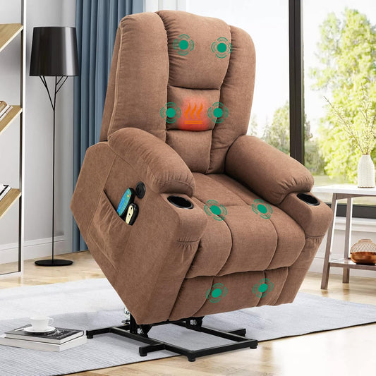 VIVIJASON Power Lift Chair Electric Recliner for Elderly Heated Vibration Massage Fabric Recliner Chair with 2 Remote Controls, Cup Holders, Side Pockets & USB Ports for Living Room (Coffee)