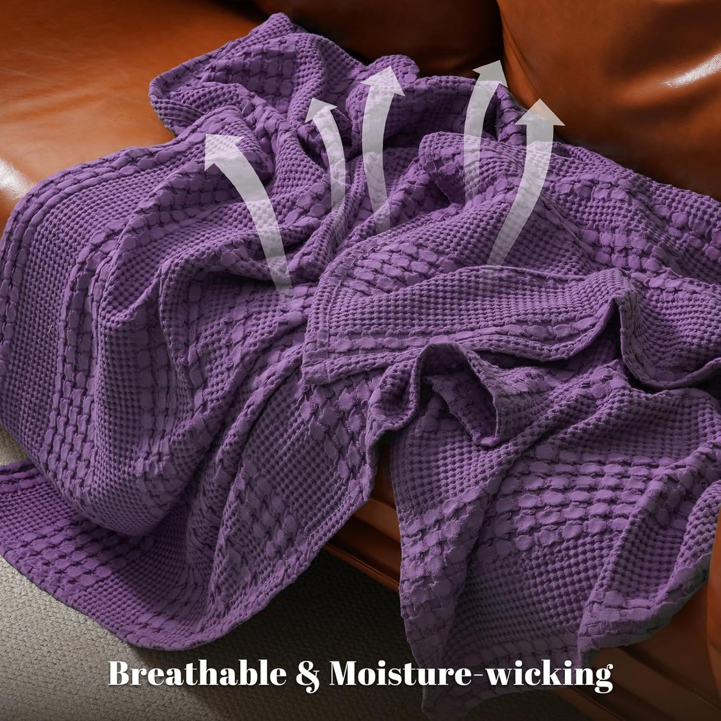 PHF 100% Cotton Waffle Weave Throw Blanket, Soft Lightweight Breathable Cozy Summer Throws for Couch Bed Sofa, Luxury Aesthetic Woven Blanket for Home Decor & Office, 50"x60", Grape
