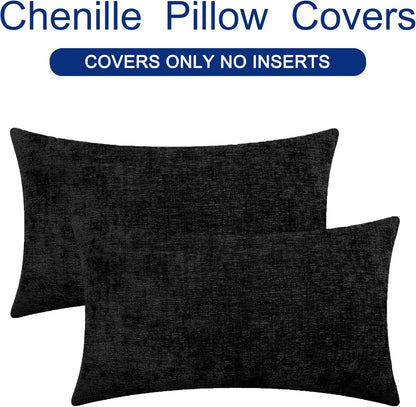 CaliTime Throw Pillow Covers Decorative 16 X 26 Inches Pack of 2 Cozy Chenille Cushion Cases for Couch Sofa Bed Living Room Home Black