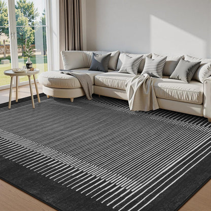 Wonnitar Striped Black Area Rugs 9x12 Living Room, Non-Slip Soft Berber Stripe Bedroom Rug, Low Pile Minimalist Floor Carpet for Dining Room Living Room Department (Black,9' x 12')