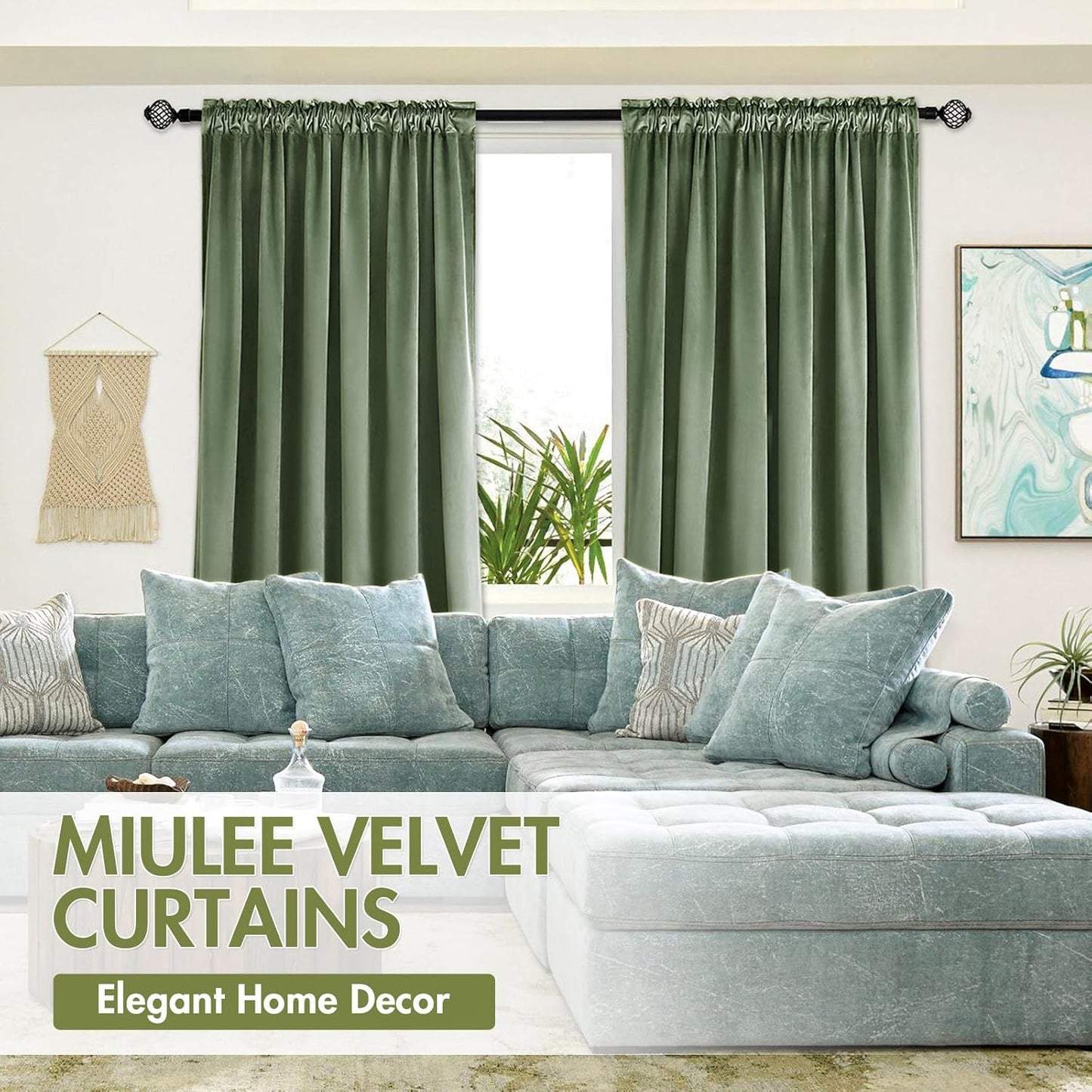 MIULEE Velvet Curtains Sage Green Thermal Insulated Blackout Curtain Drapes for Bedroom Living Room Darkening 96 Inches Long Curtains Panels Rod Pocket Set of 2