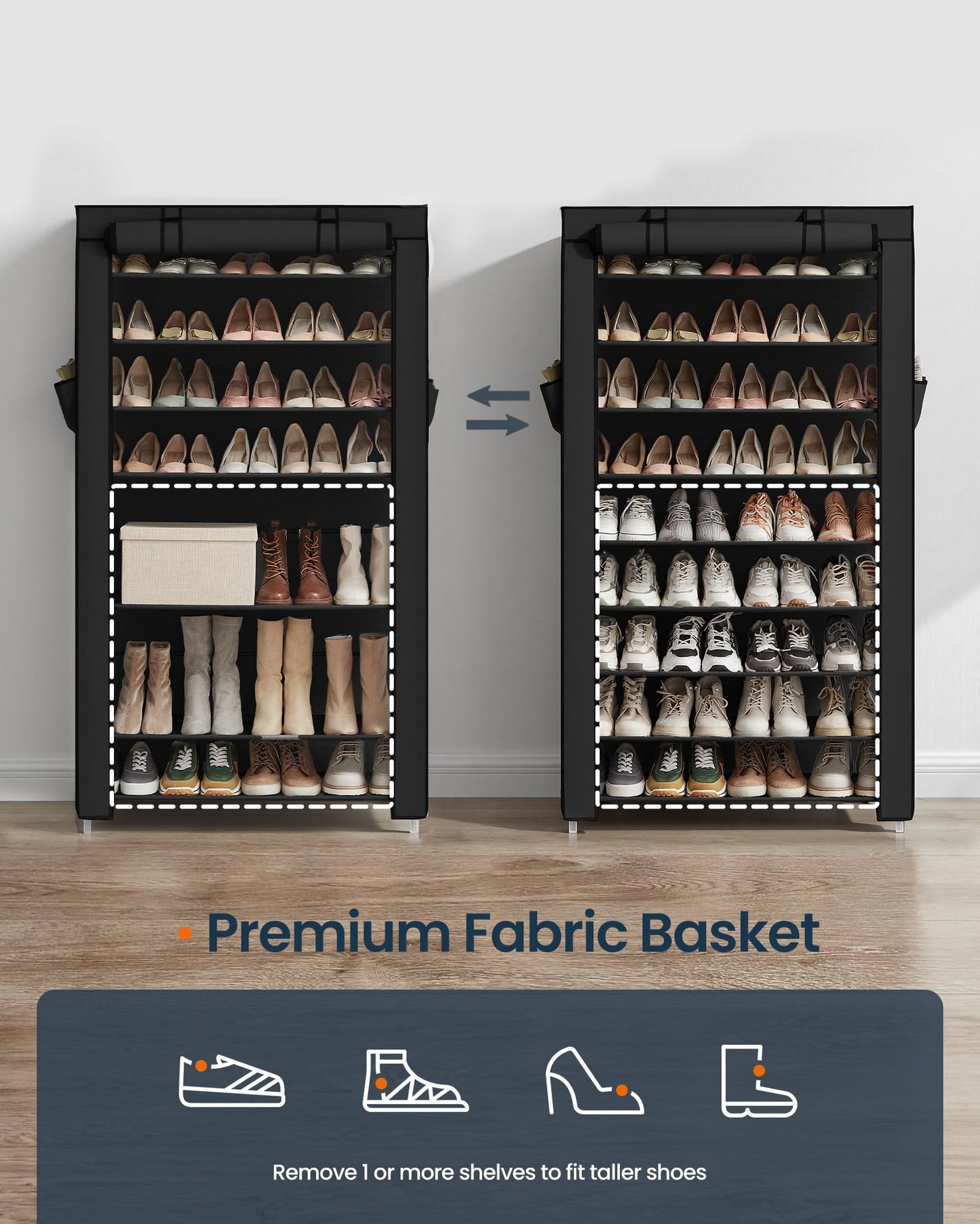 SONGMICS Home Shoe Rack 10-Tier, Tall Narrow Metal Shoe Organizer with Dust Cover, 11.2 x 33.3 x