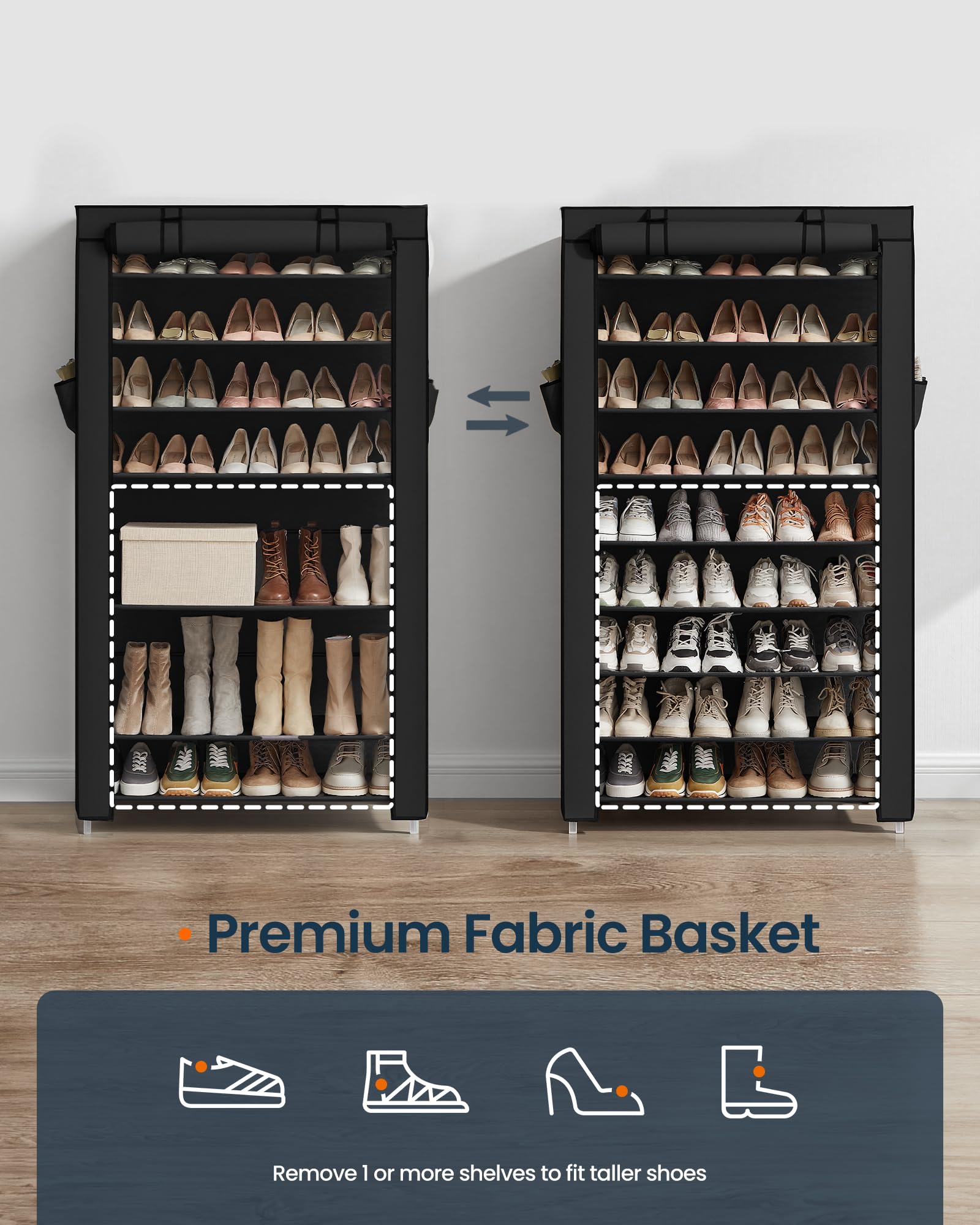 SONGMICS Home Shoe Rack 10-Tier, Tall Narrow Metal Shoe Organizer with Dust Cover, 11.2 x 33.3 x