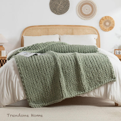 Chunky Knit Blanket Throw, 100% Hand Knit Throw Blanket Handmade Chenille Cable Knit Throw for Couch, Stylish Cozy Soft Rope Knot Crochet Blanket for Home Decor, Sage Green, 50x60 Inches