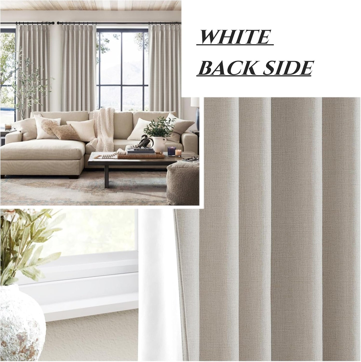 Primitive Curtain 108 Inch Long 2 Panels Burg,Pinch Pleated Cream Linen Blended 9 ft Floor Length to Ceiling Traverse Curtains for Living Room Extra Wide Blackout Drapes Sun Blocking Window