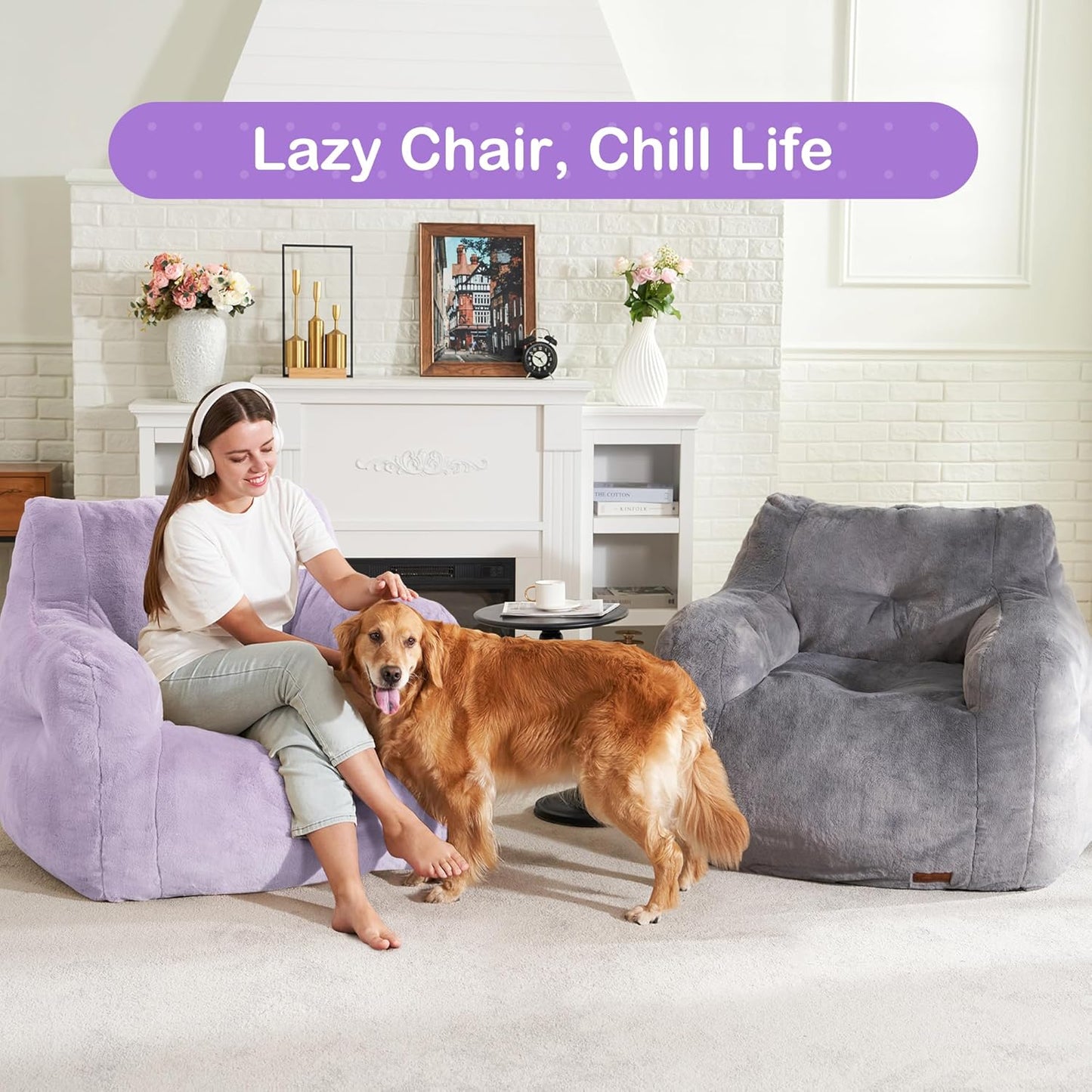Hobestluk Bean Bag Chair for Adult Small Bean Bag Chairs with Arms Furry Beanbag Chair with Foam Filler Stuffed Bean Bag Sofa for Reading in Bedroom Living Room and Dorms (Purple)