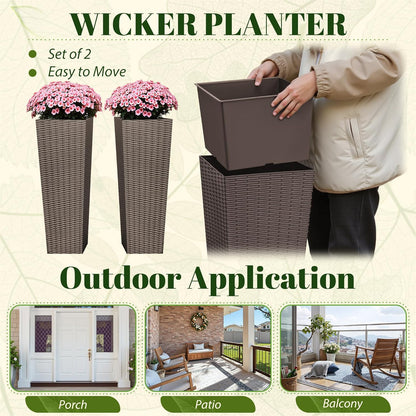 JUMMICO Set of 2 Resin Rattan Tall Planters for Outdoor Plants, Large Tapered Planters with Drainage Holes&Inner Trays, Flower Pots for Garden, Patio, Porch, Backyard (Brown, 32'')