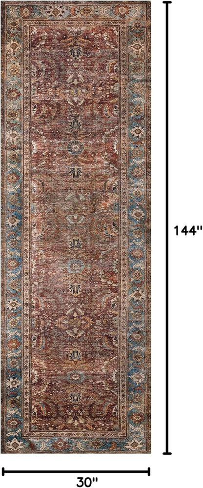 Loloi Layla Collection LAY-01 Brick/Blue 2'-6" x 12'-0" .13" Thick Runner Rug, Soft, Durable, Vintage Inspired, Distressed, Low Pile, Non-Shedding, Easy Clean, Printed, Living Room Rug