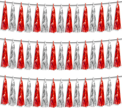 3P Red Silver Foil Fringe Metallic Tassel Streamers Banner Tassel Garland for Parade Floats, Bachelorette, Wedding, Birthday, Halloween, Christmas, Bridal/Baby Shower Party Decorations