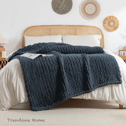 Chunky Knit Blanket Throw, 100% Hand Knit Throw Blanket Handmade Chenille Cable Knit Throw for Couch, Stylish Cozy Soft Rope Knot Crochet Blanket for Home Decor, Blue Mirage, 40x50 Inches