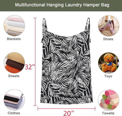 Linen Hanging Laundry Bag, 100% Linen Leaf Print Over The Door Laundry Hamper with Buttons and Zipper, Space Saving Door Hampers for Laundry Dirty Clothes Home Travel, Black, 19.7x27.5inches