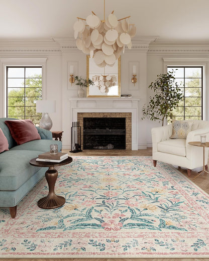 Wonnitar Machine Washable 10x14 Area Rugs, Large Living Room Rug Floral Pink and White Carpet, Boho Soft Ultra-Thin Foldable Carpets for Bedroom Dining Room Office