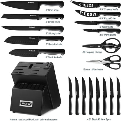 McCook® Premium Black Knife Sets,German Stainless Steel Kitchen Knives Block Set with Built-in Sharpener