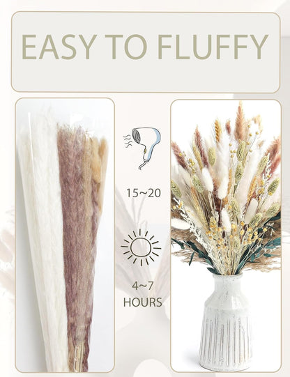 126pcs Dried Pampas Grass Decorations, Dried Flowers, Dried Bouquet in Vase, Reed Grass Bouquet for Boho Floral Wedding, Rustic Farmhouse Decor. (Vase Not Included)