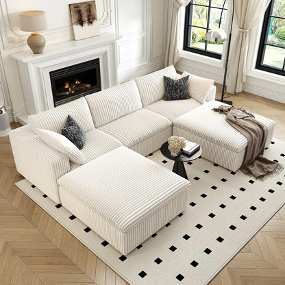 118" Cloud Couch Modular Sectional Sofa for Living Room,Modern Sofa with Deep Seat，U-Shape Boneless Couch with 2 Ottoman,Comfy Upholstered Corduroy Couches for Apartment, Studio, Office,Bedroom，White
