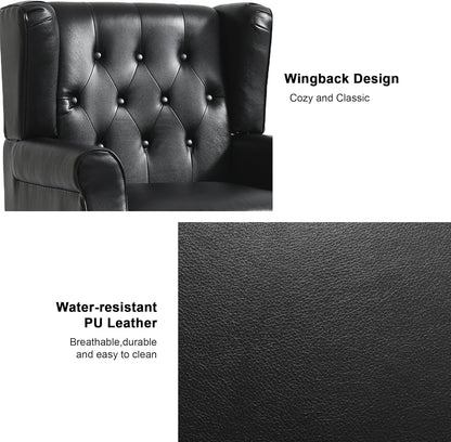 Accent Chair, Upholstered Armchair with Button Tufted High Back & Solid Wood Legs, Comfy Wingback Reading Single Sofa Chair for Small Spaces, Living Room, Bedroom (Leather Black, Set of 1)