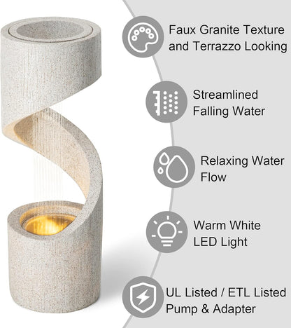 Glitzhome Decorative Tiered Outdoor Water Fountain with LED Light Vintage Curved Waterfall Fountain with Stone Planter Rustic Faux Terrazzo Spiral Shaped Fountains for Garden Patio Deck Porch, 40.25”H