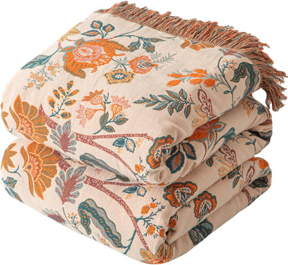 Boho Throw Blanket for Couch Sofa Bed, 100% Cotton Woven Quilt with Tassel 80”x90”, Super Soft Muslin Blanket with Floral Printed, Decorative Reversible Bed Blanket/Cover for All Seasons