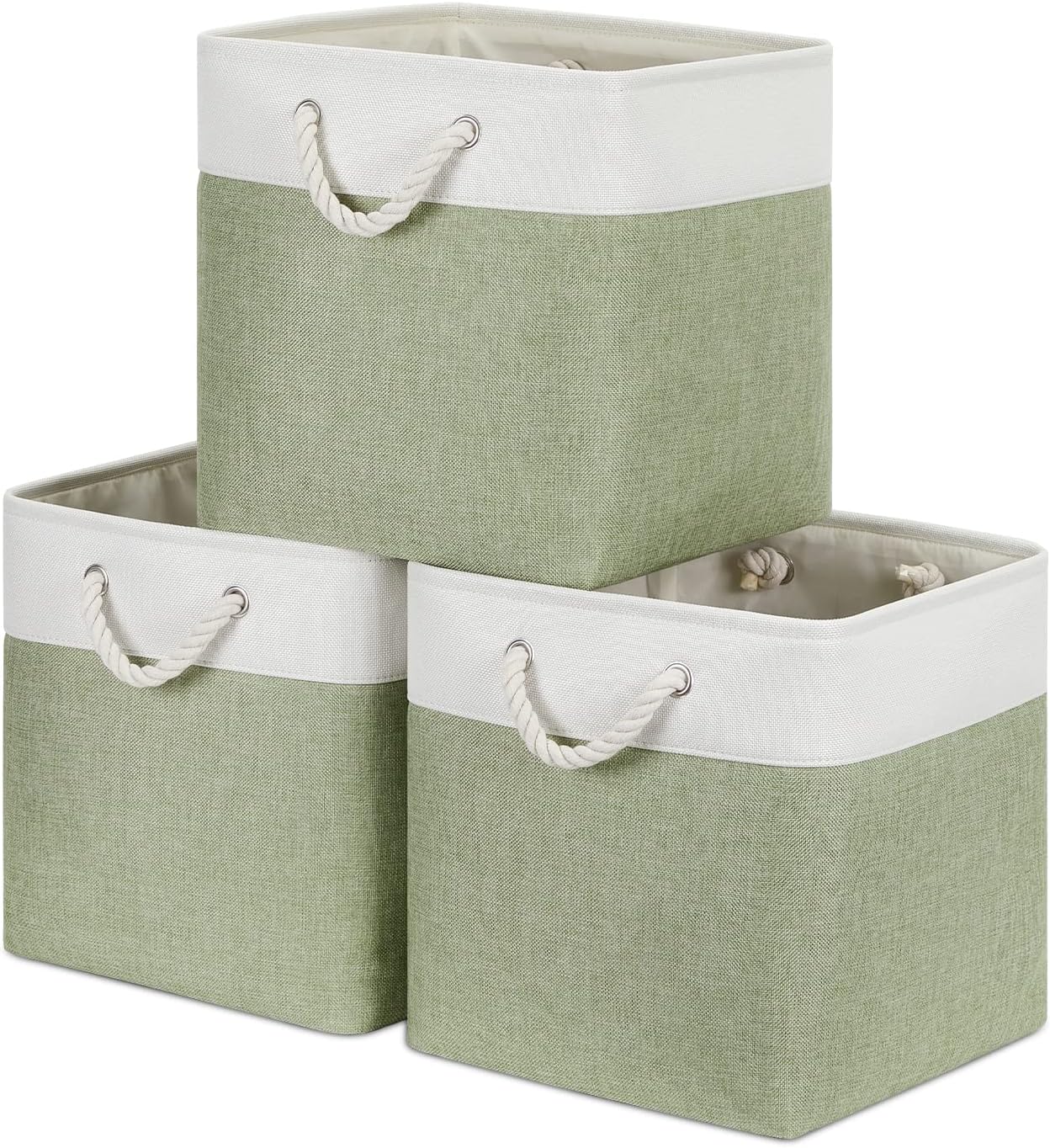 Bidtakay Cubby Storage Bins Set of 3 Fabric Baskets for Shelves Closet Drawer Organizer Storage Cubes 13x13 Collapsible Organization Baskets for Nursery Toy Shelf (White&green)