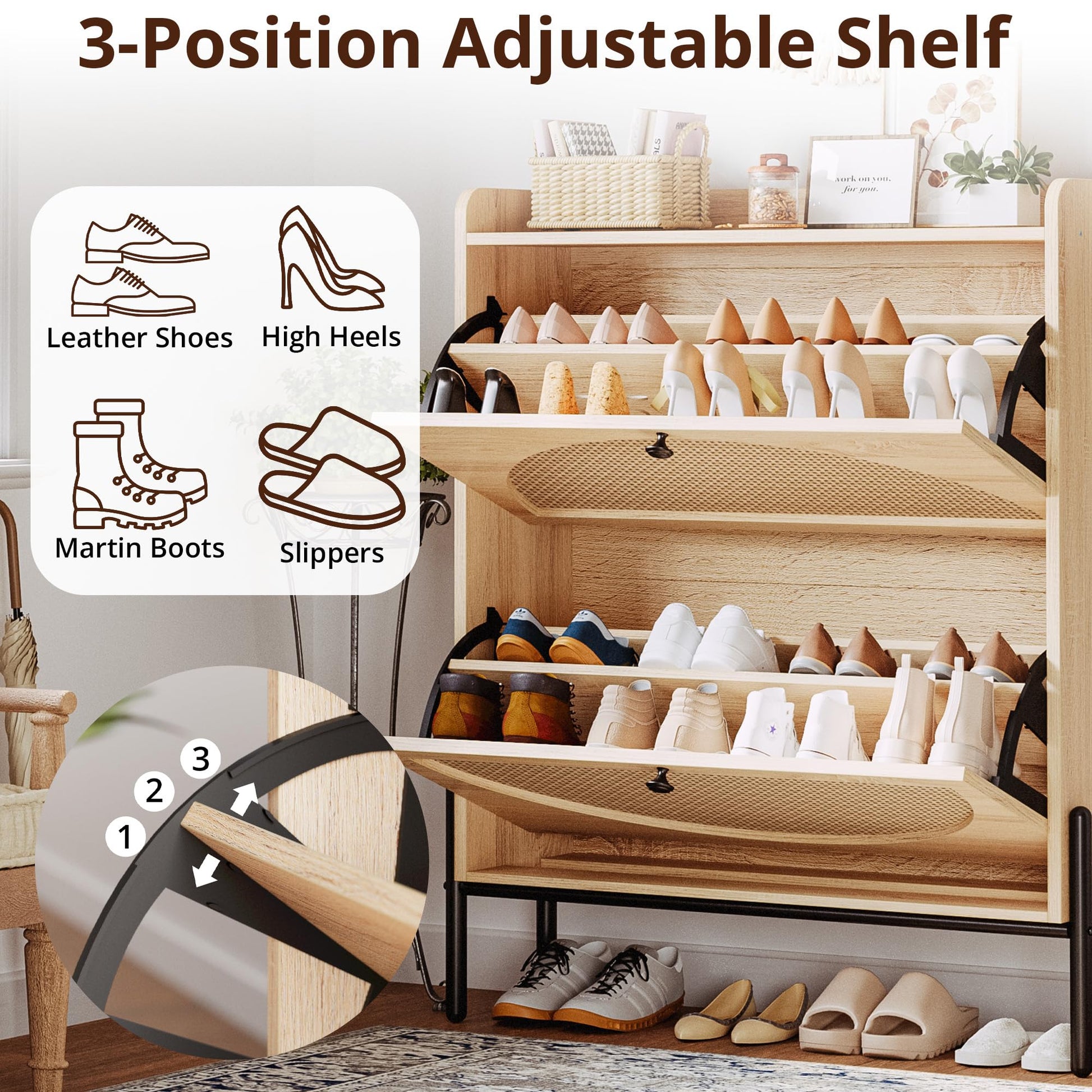 IRONCK Rattan Shoe Cabinet Storage with 2 Flip Drawers, Oak
