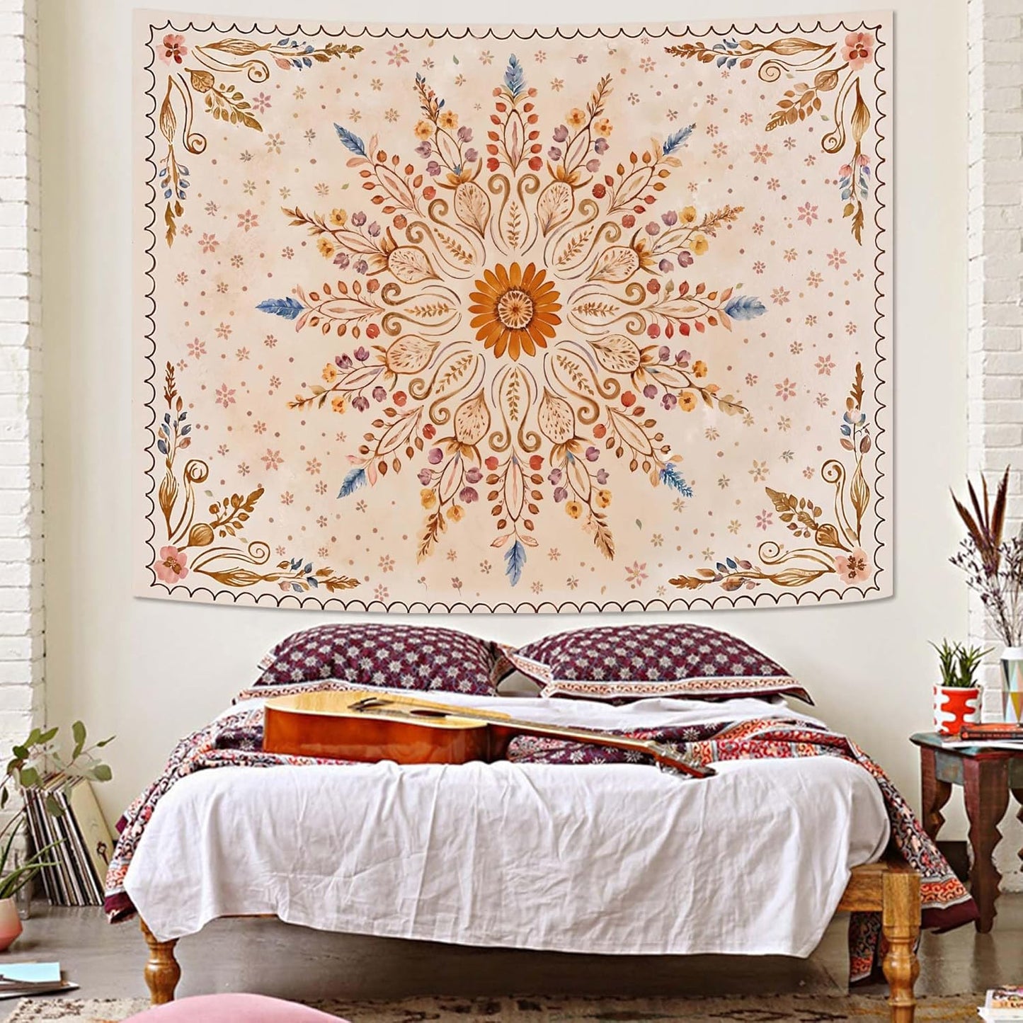 Fowocu Boho Floral Mandala Tapestry for Bedroom Aesthetic Watercolor Bohemian Flower Wall Tapestry Brown Beige Hippie Indian Small Tapestries Wall Hanging for Living Room Dorm Decor 40 x 30 Inch