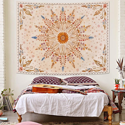 Fowocu Boho Floral Mandala Tapestry for Bedroom Aesthetic Watercolor Bohemian Flower Wall Tapestry Brown Beige Hippie Indian Small Tapestries Wall Hanging for Living Room Dorm Decor 40 x 30 Inch