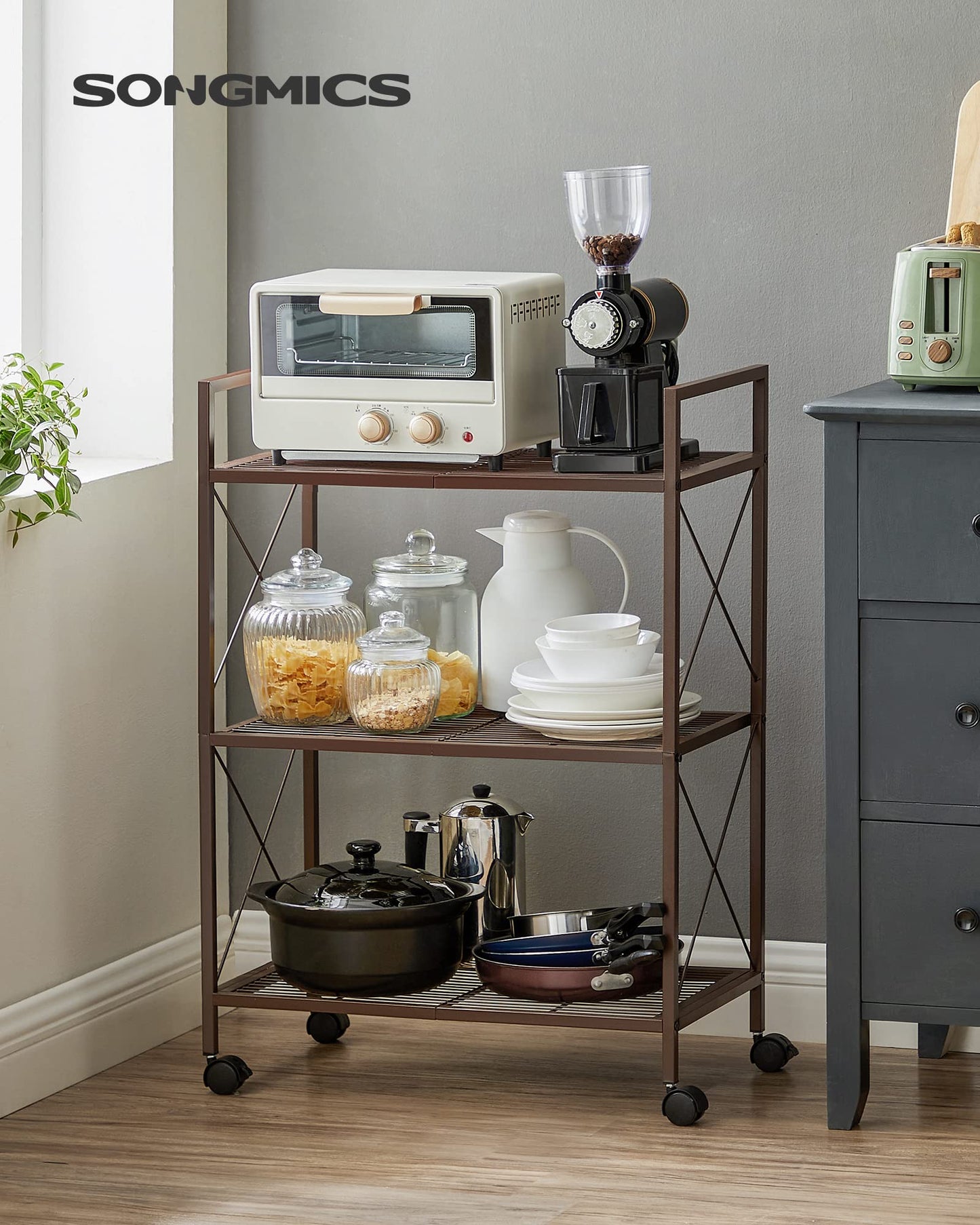SONGMICS 3-Tier Metal Storage Rack with Wheels, Mesh Shelving Unit with X Side Frames, 23.6-Inch