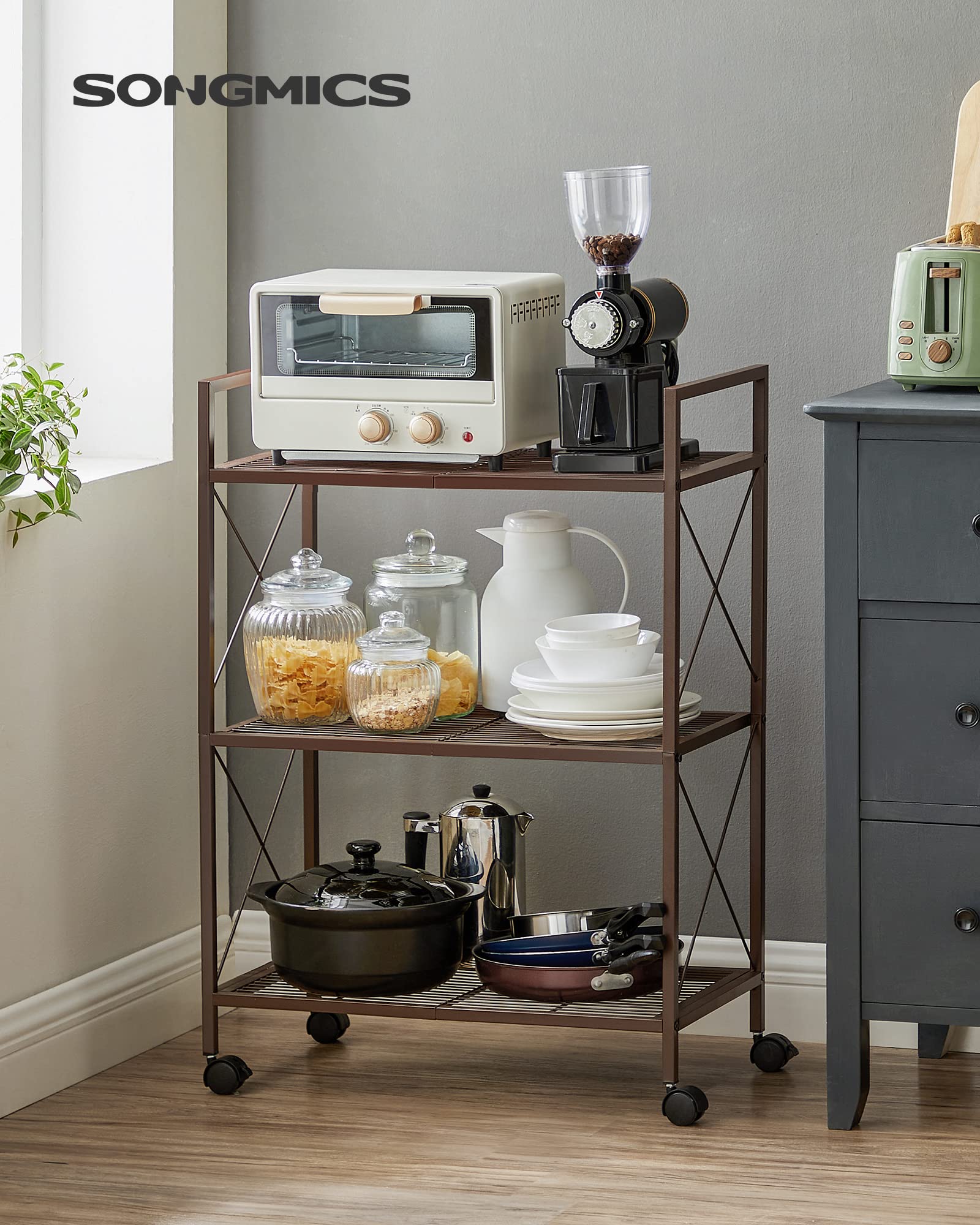 SONGMICS 3-Tier Metal Storage Rack with Wheels, Mesh Shelving Unit with X Side Frames, 23.6-Inch